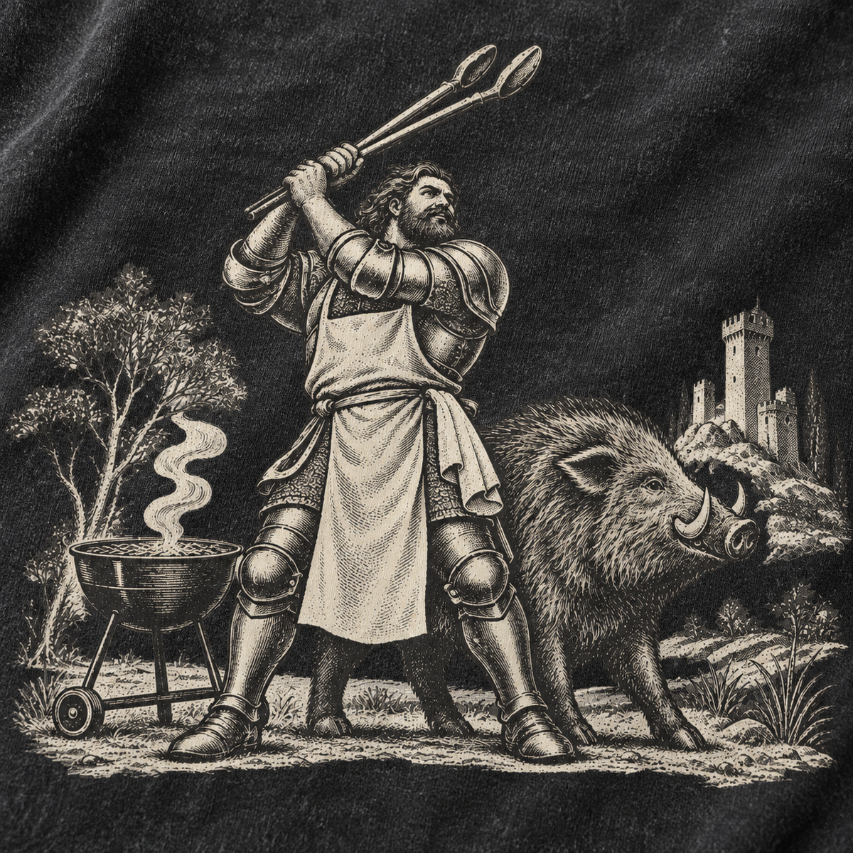 The Grill Keeper And The Boar Royal Decree Vintage T-shirt – Black, print and cotton texture detail (AI mockup)