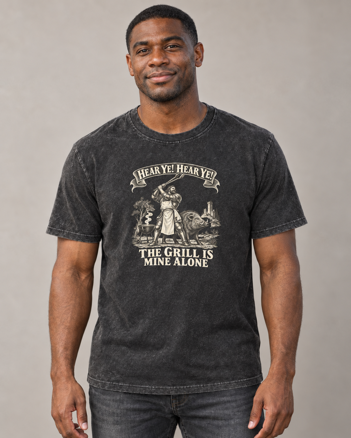 The Grill Keeper And The Boar Royal Decree Vintage T-shirt – Black, small centered print on model (AI mockup)
