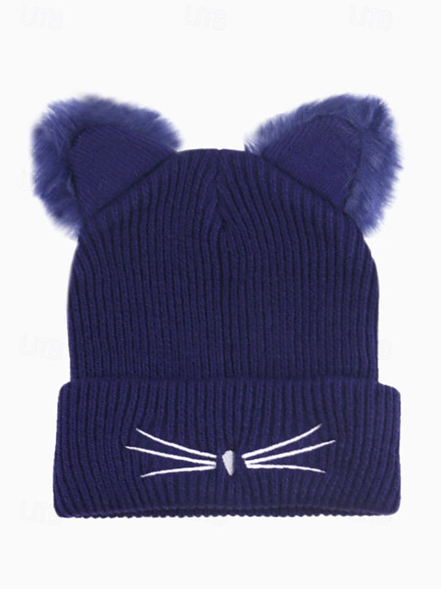 Women's Cute Cat Ear Beanie – Burgundy Knit Hat with Faux Fur Ears and Whisker Embroidery, Cozy and Stylish Winter Accessory