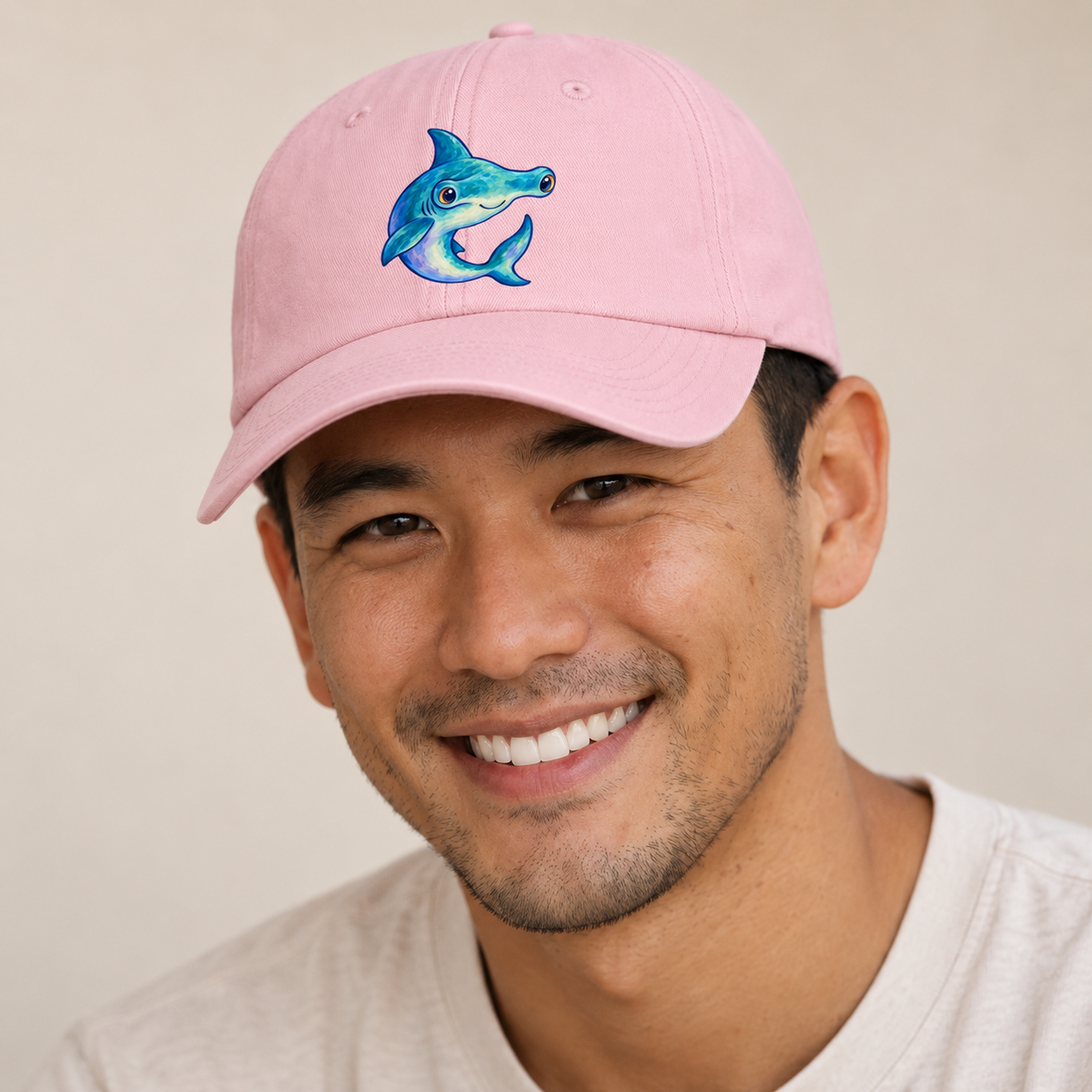 Hammerhead Shark Crescent Turn Sea Sprite Baseball Cap — studio model wearing the hat