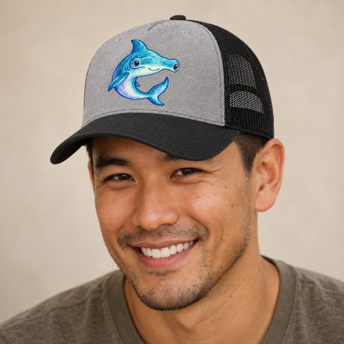 Hammerhead Shark Crescent Turn Sea Sprite Trucker Hat — studio model wearing the hat