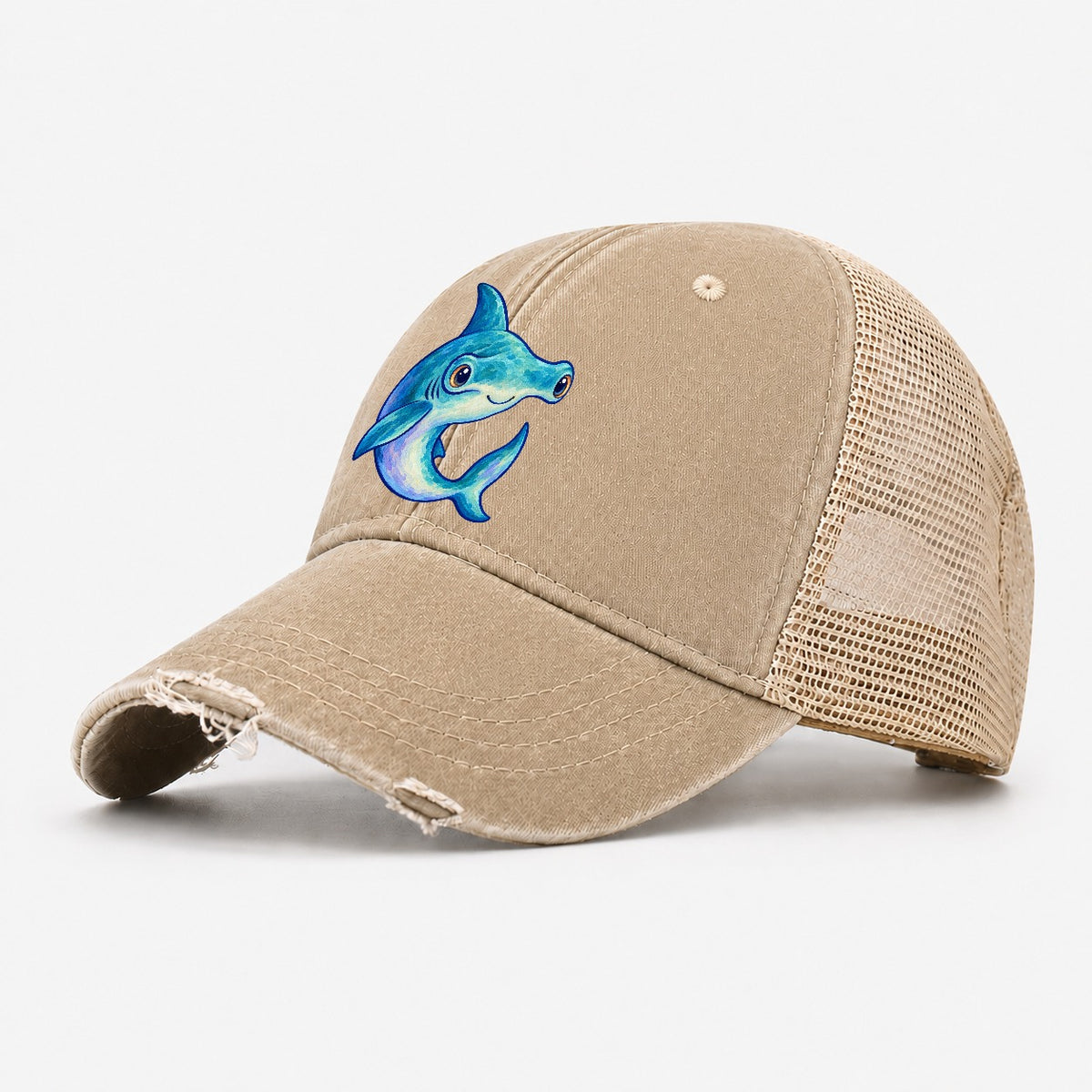 Hammerhead Shark Crescent Turn Sea Sprite Washed Trucker Hat – Khaki