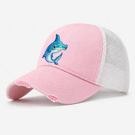 Hammerhead Shark Crescent Turn Sea Sprite Washed Trucker Hat – Light Pink