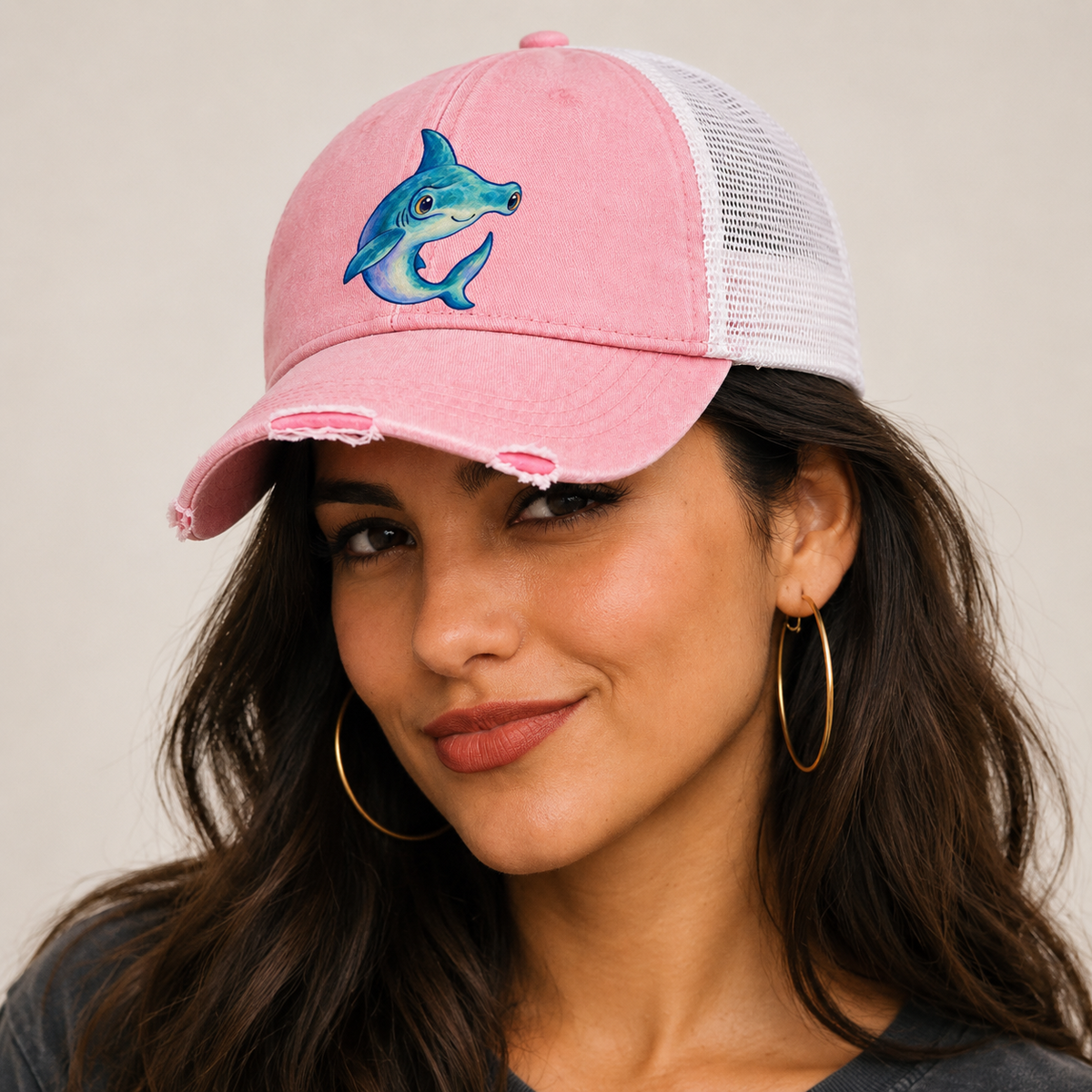 Hammerhead Shark Crescent Turn Sea Sprite Washed Trucker Hat — studio model wearing the hat