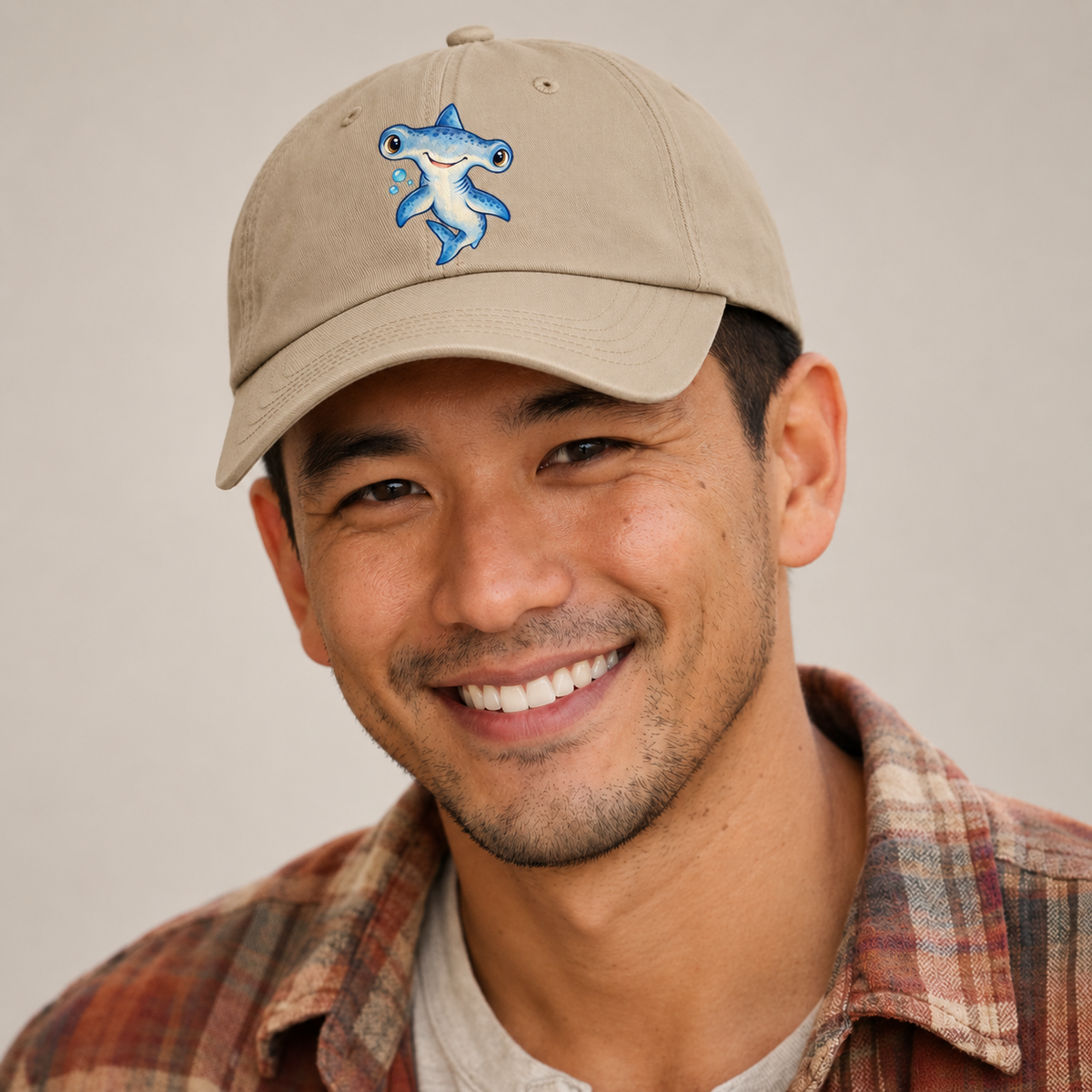 Hammerhead Shark Curious Tilt Sea Sprite Baseball Cap — studio model wearing the hat