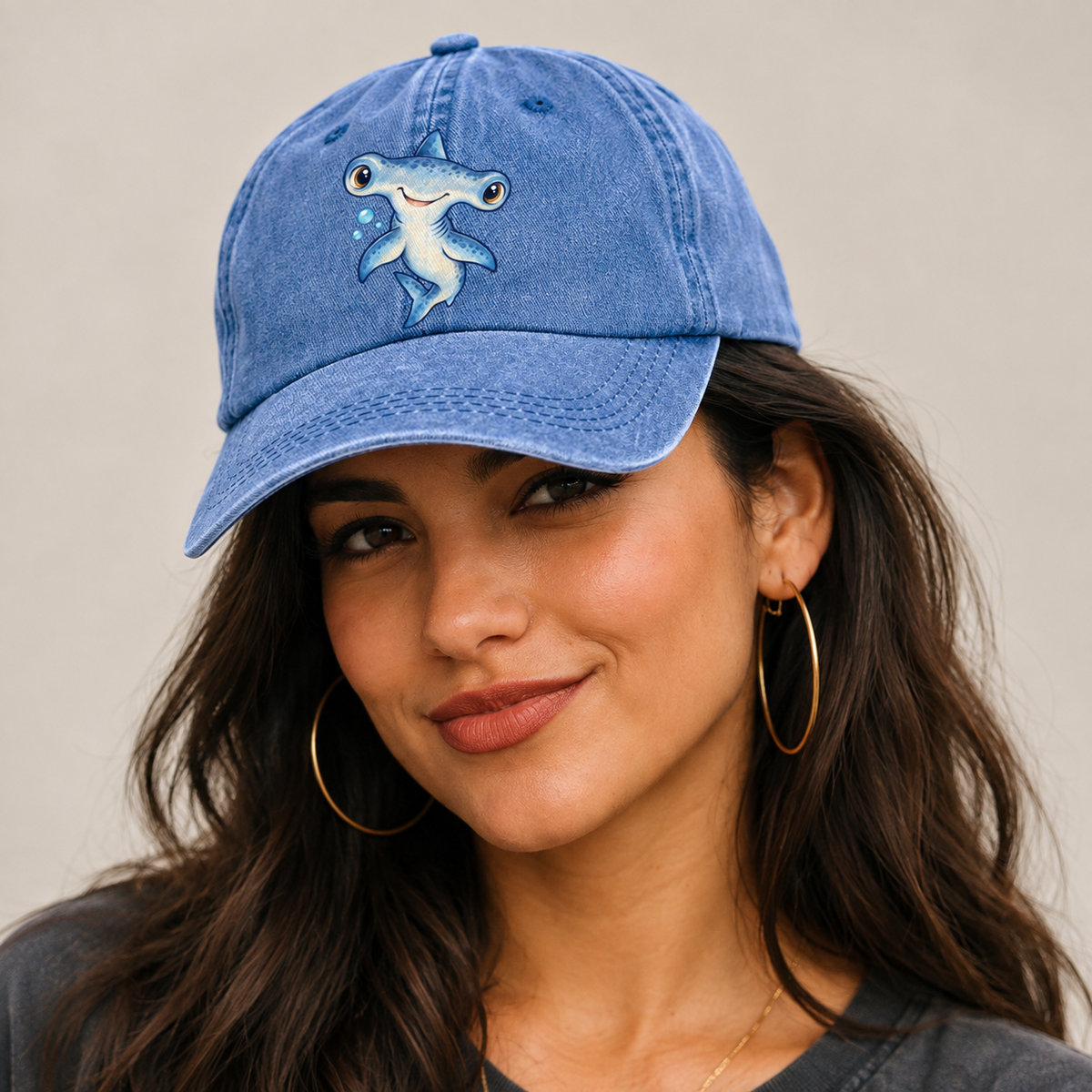 Hammerhead Shark Curious Tilt Sea Sprite Classic Cap — studio model wearing the hat