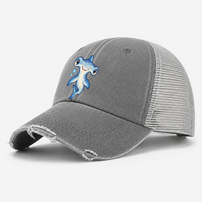 Hammerhead Shark Curious Tilt Sea Sprite Washed Trucker Hat – Grey