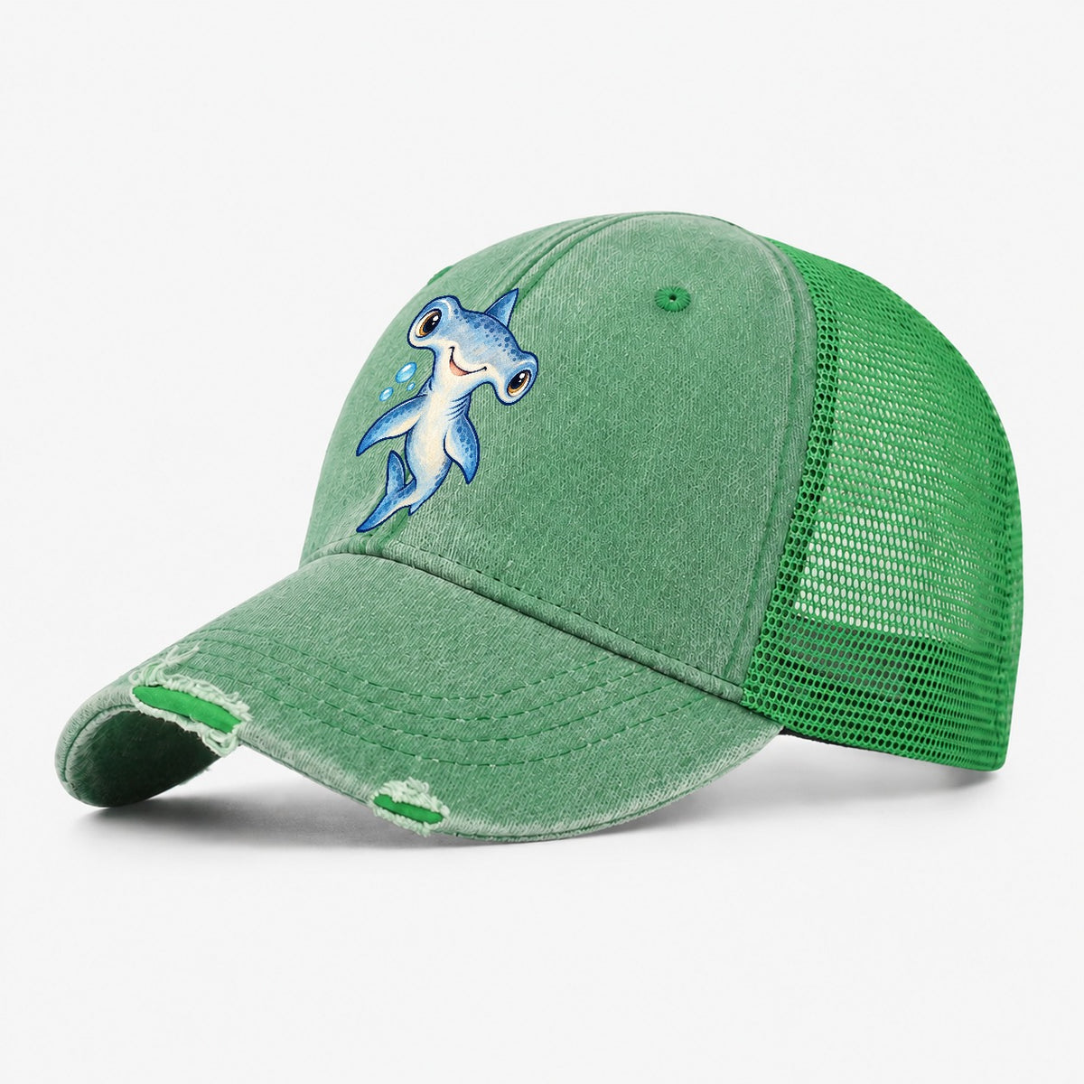 Hammerhead Shark Curious Tilt Sea Sprite Washed Trucker Hat – Ink Green