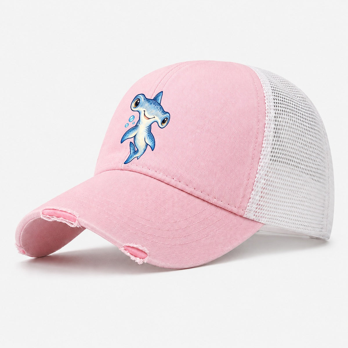 Hammerhead Shark Curious Tilt Sea Sprite Washed Trucker Hat – Light Pink