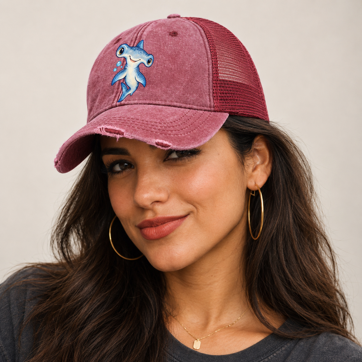 Hammerhead Shark Curious Tilt Sea Sprite Washed Trucker Hat — studio model wearing the hat
