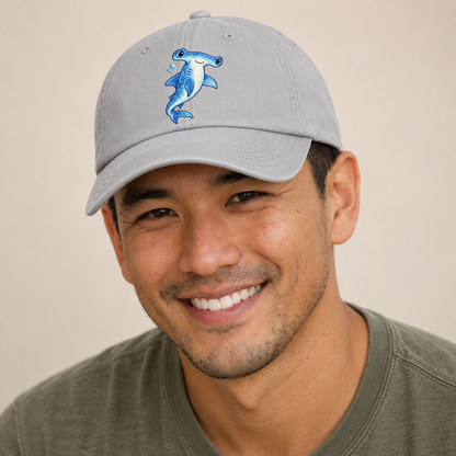 Hammerhead Shark Upward Swim Sea Sprite Baseball Cap — studio model wearing the hat