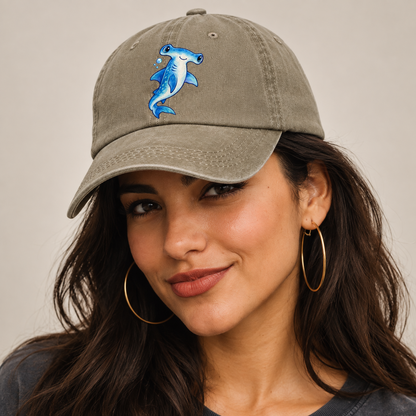 Hammerhead Shark Upward Swim Sea Sprite Classic Cap — studio model wearing the hat