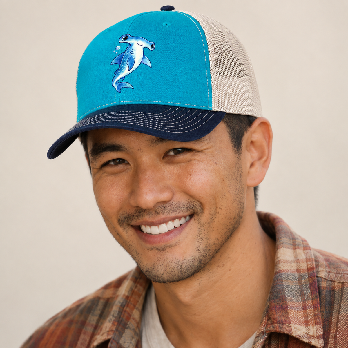 Hammerhead Shark Upward Swim Sea Sprite Trucker Hat — studio model wearing the hat