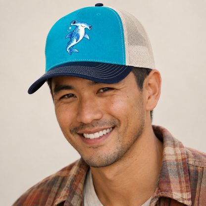 Hammerhead Shark Upward Swim Sea Sprite Trucker Hat — studio model wearing the hat
