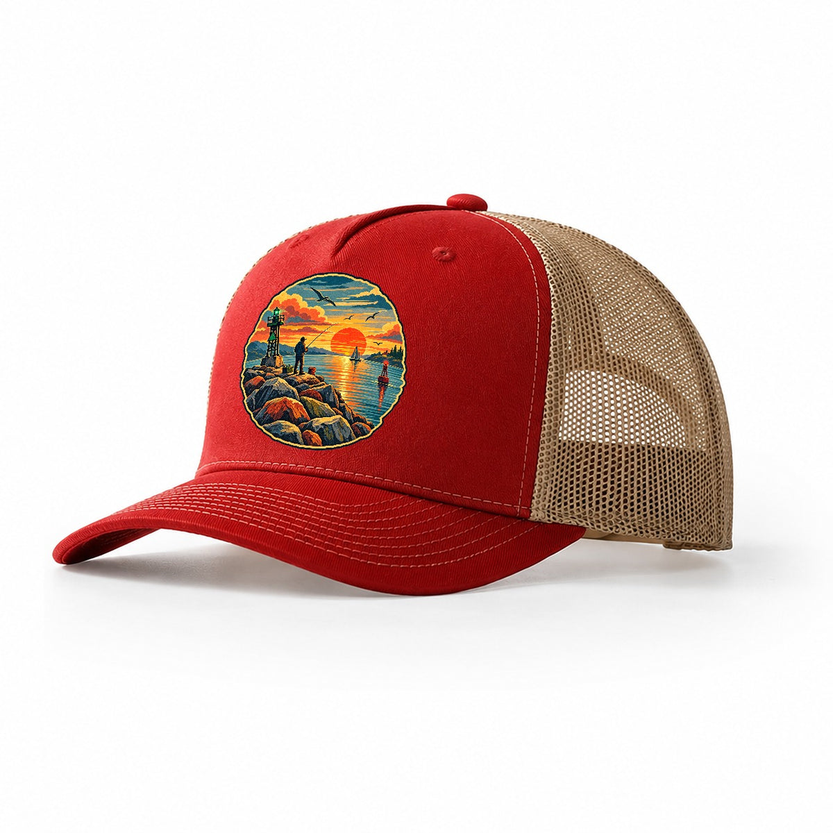 Harbor Jetty Sunset Fishing Club Trucker Hat – Red Khaki