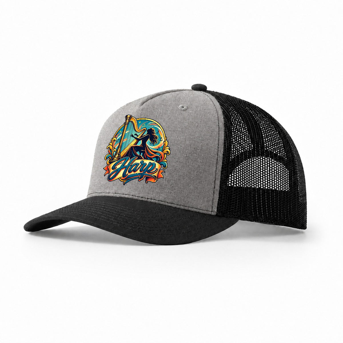Harp Crest Music Instruments Trucker Hat – Grey Black