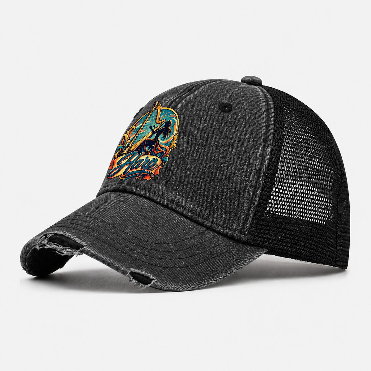 Harp Crest Music Instruments Washed Trucker Hat – Black