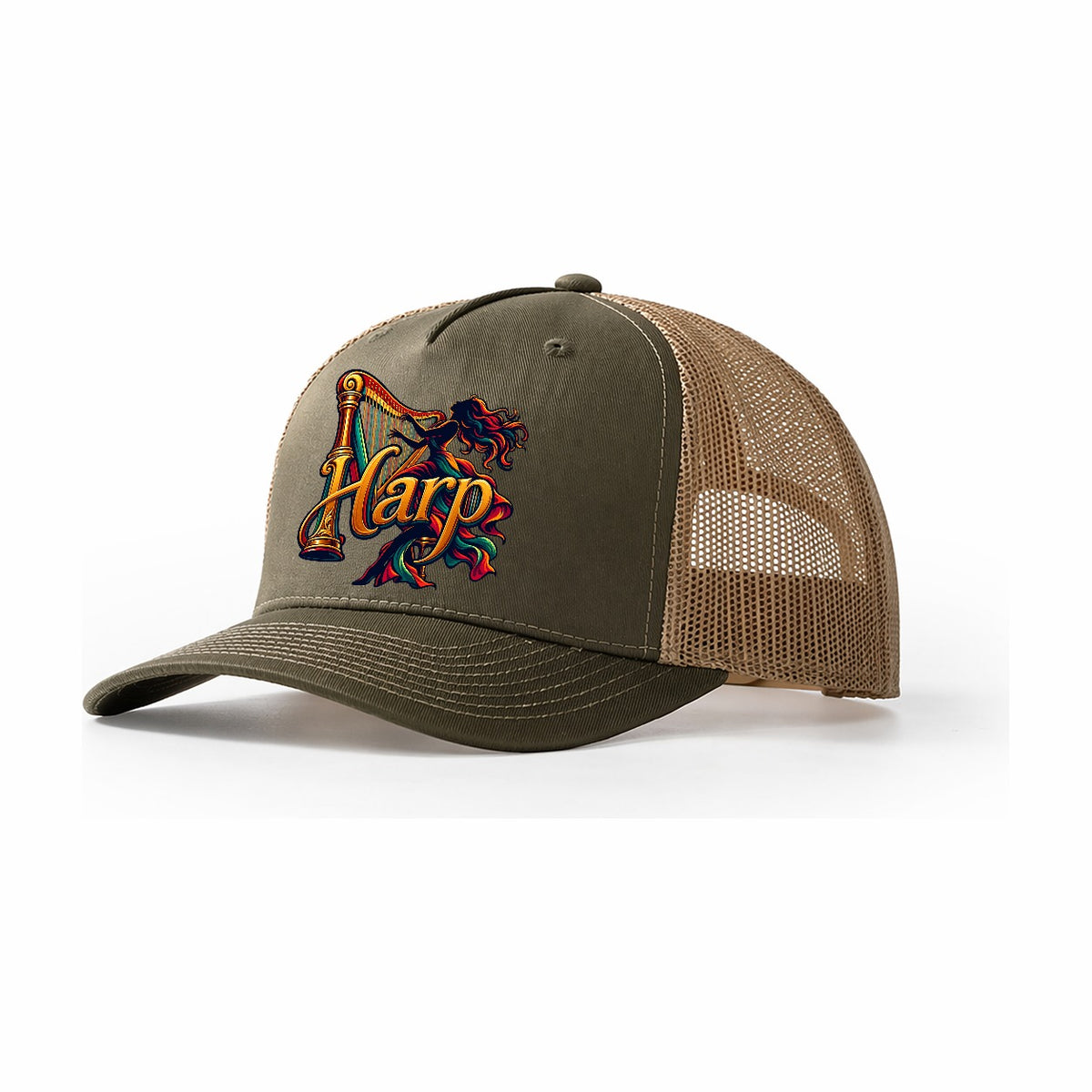 Harp Wordmark Music Instruments Trucker Hat – Olive Khaki