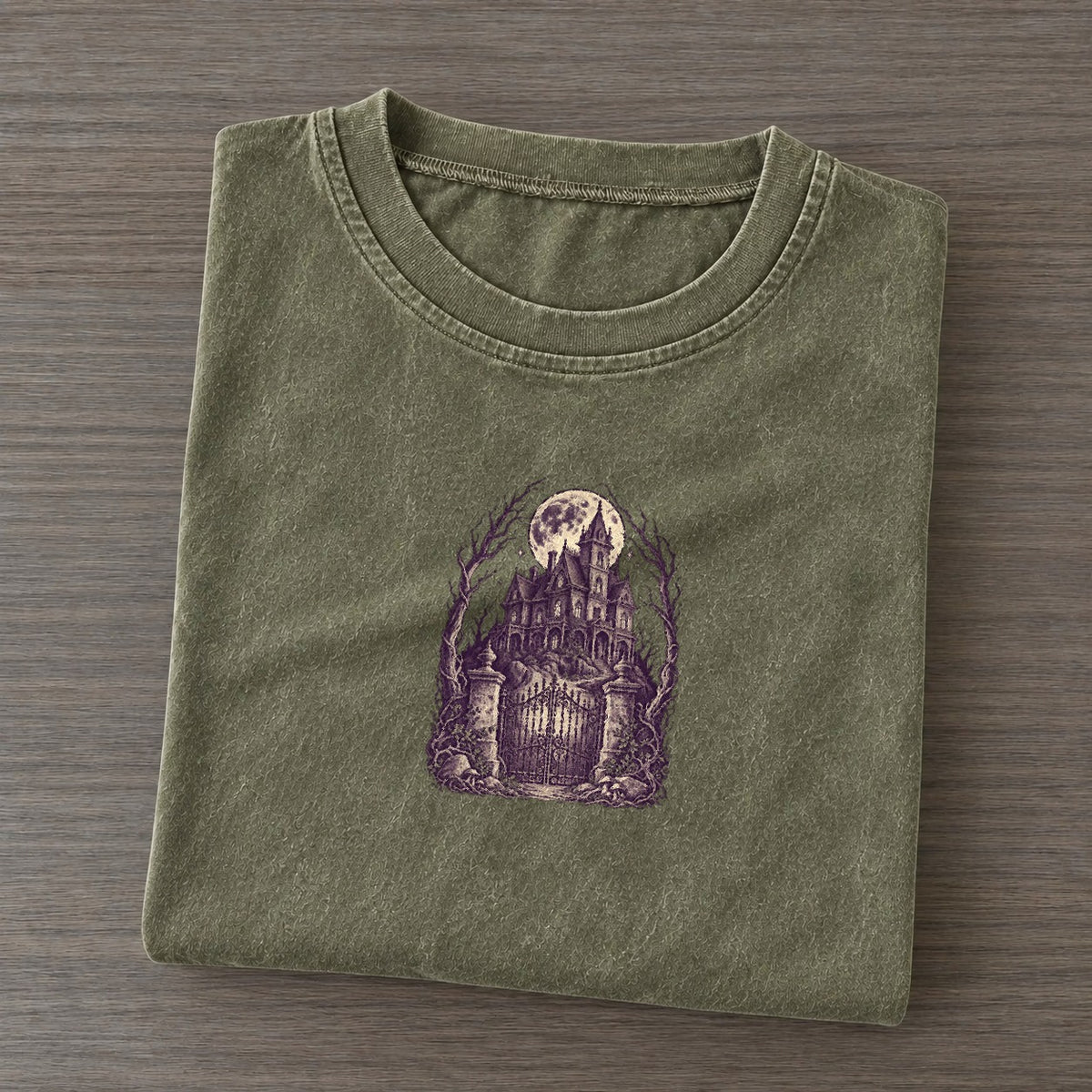 Haunted Mansion On The Hill Midnight Haunt Vintage T-shirt – Army Green