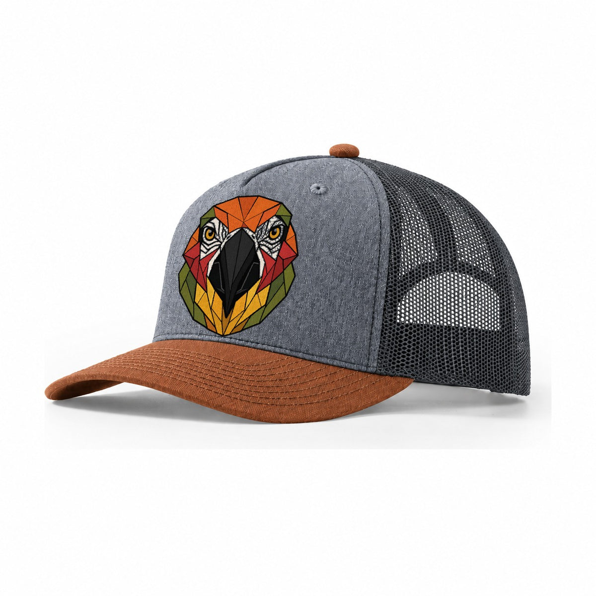 Macaw Parrot Portrait Trucker Hat – Heather Grey Rust Charcoal