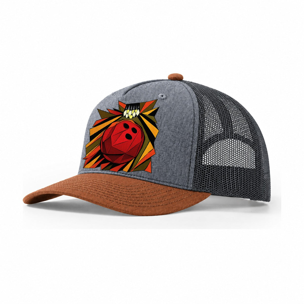 Bowling Ball Lane Roll Trucker Hat – Heather Grey Rust Charcoal