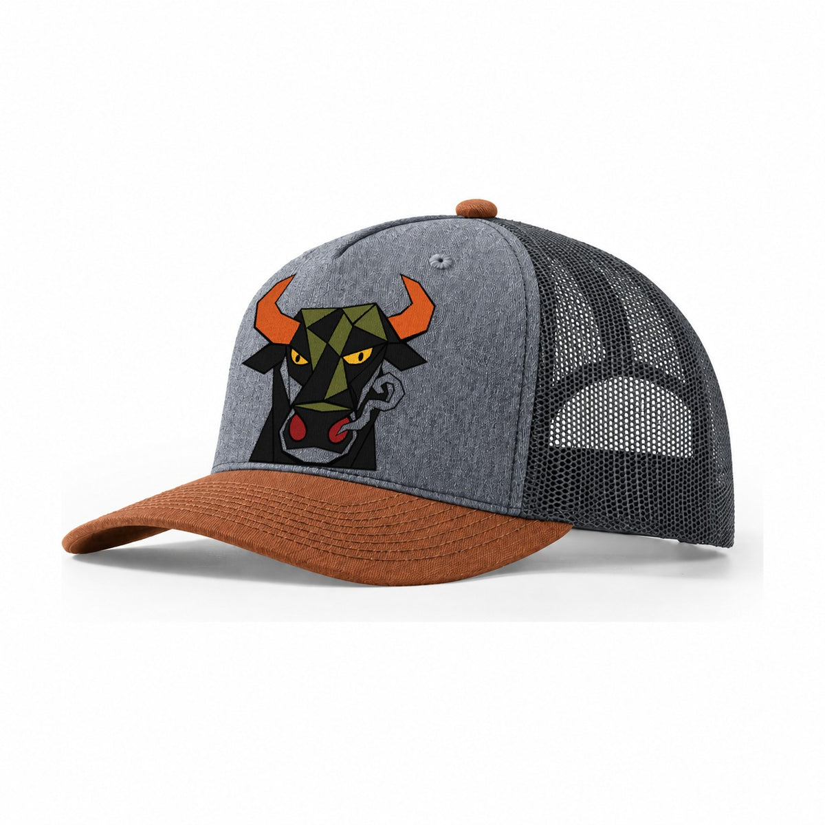 Bull Frontal Flared Nostrils Trucker Hat – Heather Grey Rust Charcoal