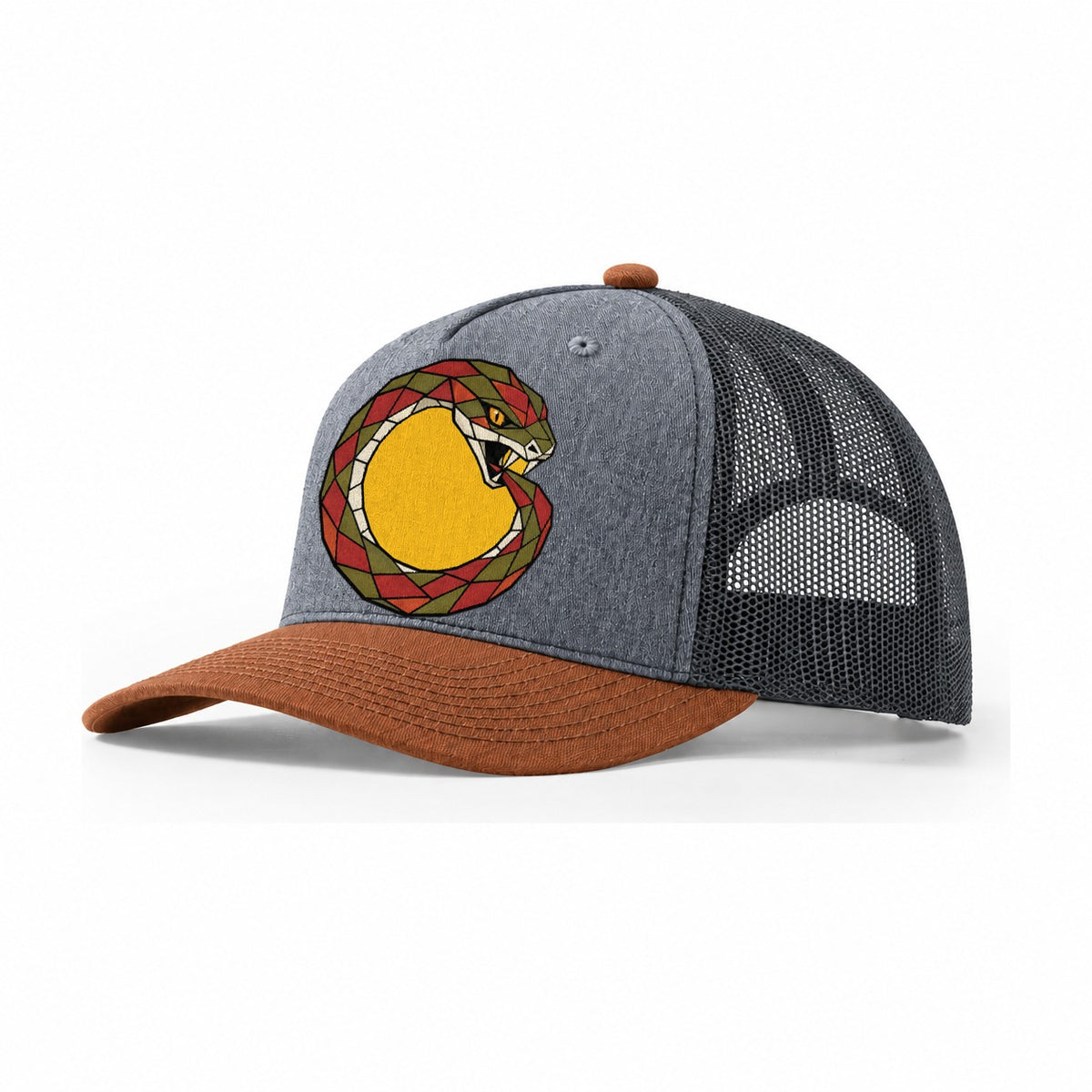 Ouroboros Serpent Circle Trucker Hat – Heather Grey Rust Charcoal