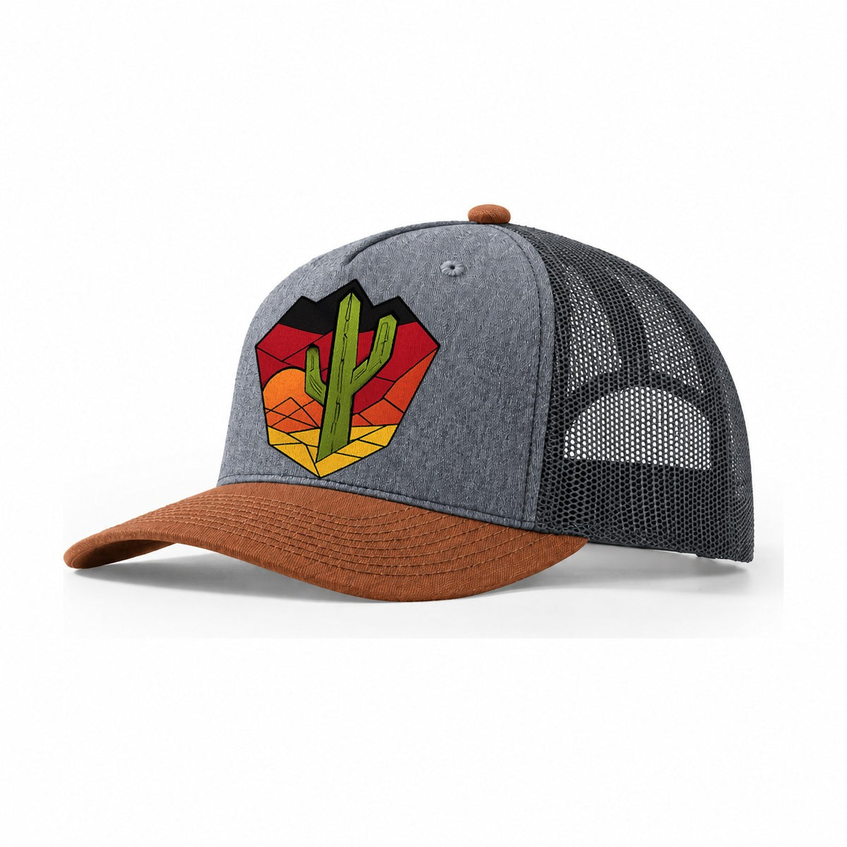 Saguaro Sunset Silhouette Trucker Hat – Heather Grey Rust Charcoal
