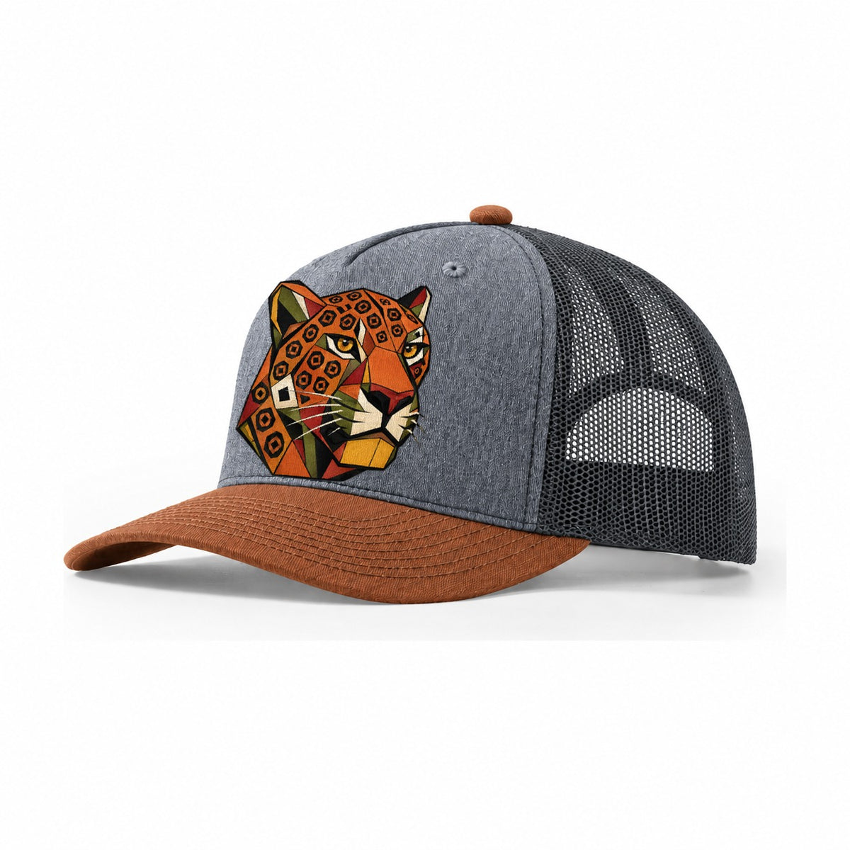 Jaguar Face Spotted Trucker Hat – Heather Grey Rust Charcoal