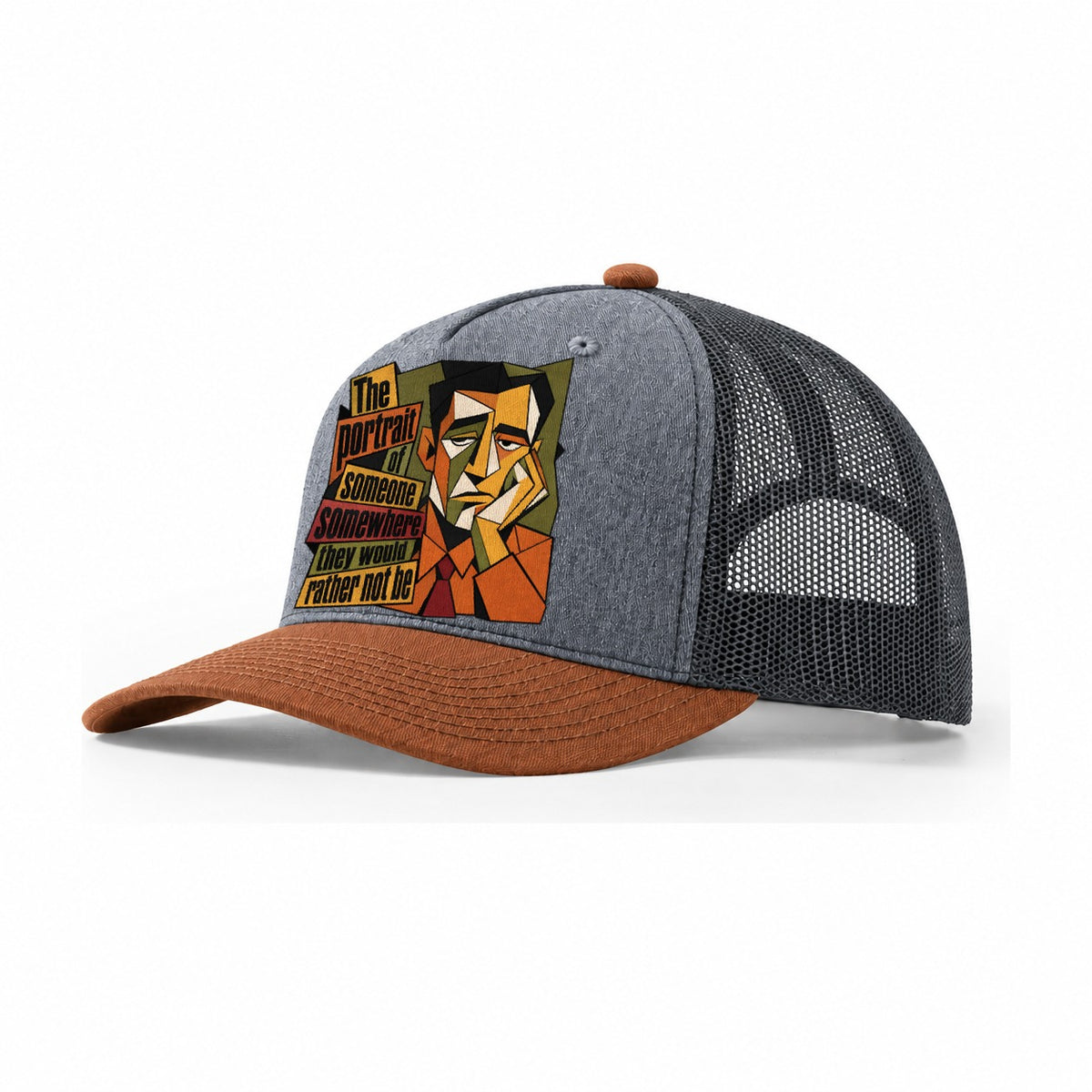 Bored Office Man Portrait Trucker Hat – Heather Grey Rust Charcoal