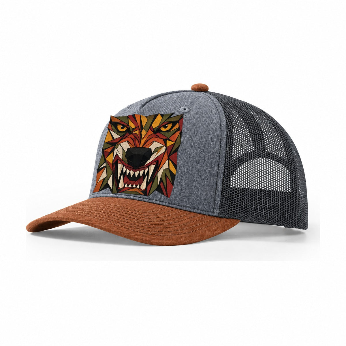 Wolf Snarl Close Up Trucker Hat – Heather Grey Rust Charcoal