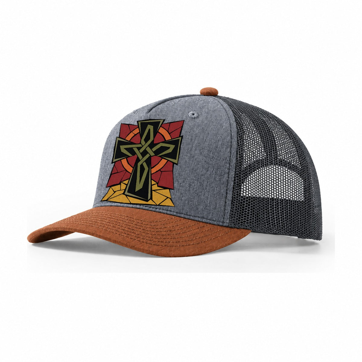 Celtic Cross Geometric Trucker Hat – Heather Grey Rust Charcoal
