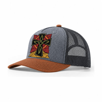 Celtic Cross Geometric Trucker Hat – Heather Grey Rust Charcoal