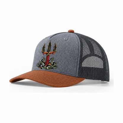 Neptune Raises His Trident Trucker Hat – Heather Grey Rust Charcoal
