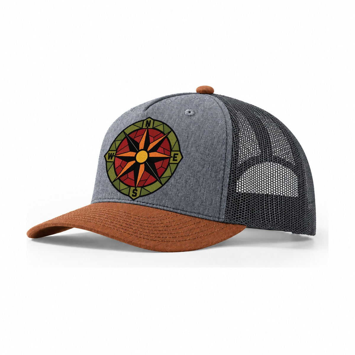 Compass Rose Navigator Trucker Hat – Heather Grey Rust Charcoal
