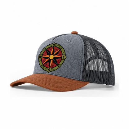 Compass Rose Navigator Trucker Hat – Heather Grey Rust Charcoal