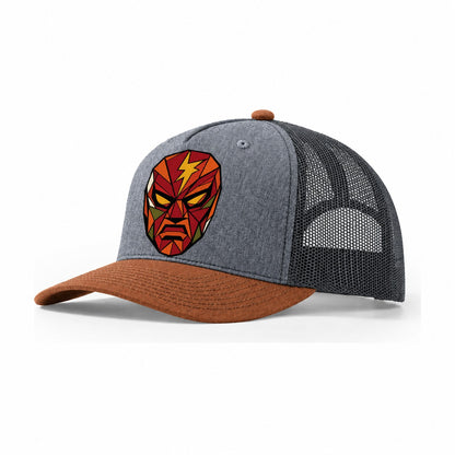 Masked Wrestler Portrait Trucker Hat – Heather Grey Rust Charcoal
