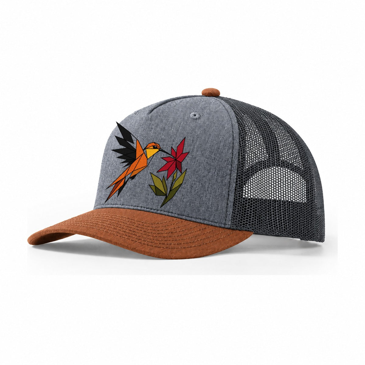Hummingbird Hover Trucker Hat – Heather Grey Rust Charcoal