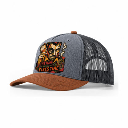 Watchmaker Loupe Portrait Trucker Hat – Heather Grey Rust Charcoal