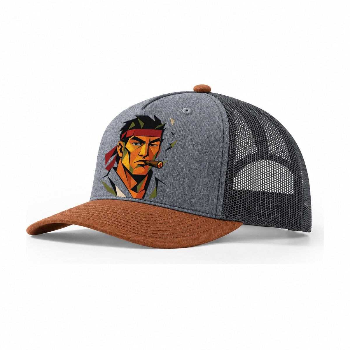 Karate Face Headband Trucker Hat – Heather Grey Rust Charcoal