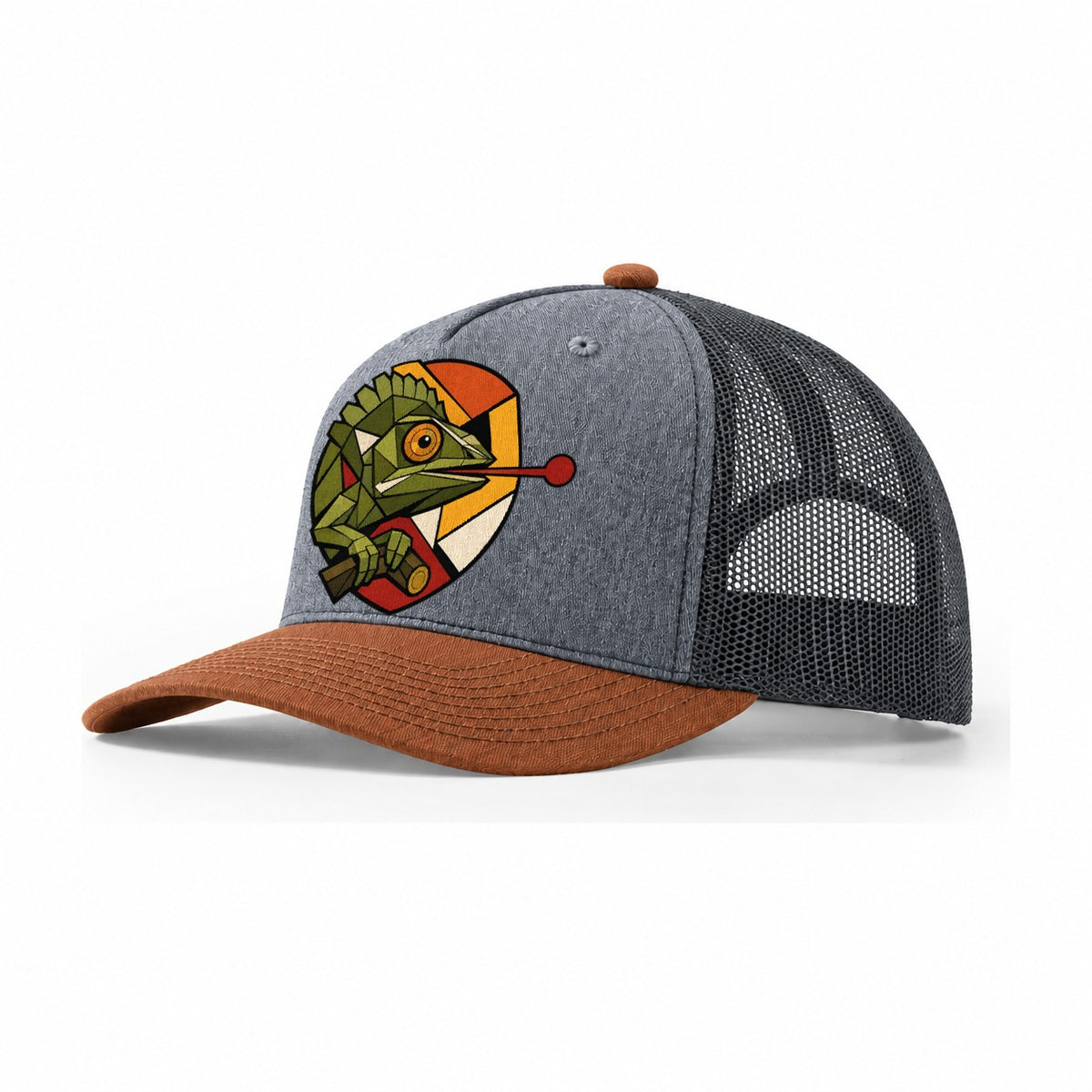 Chameleon Tongue Out Trucker Hat – Heather Grey Rust Charcoal