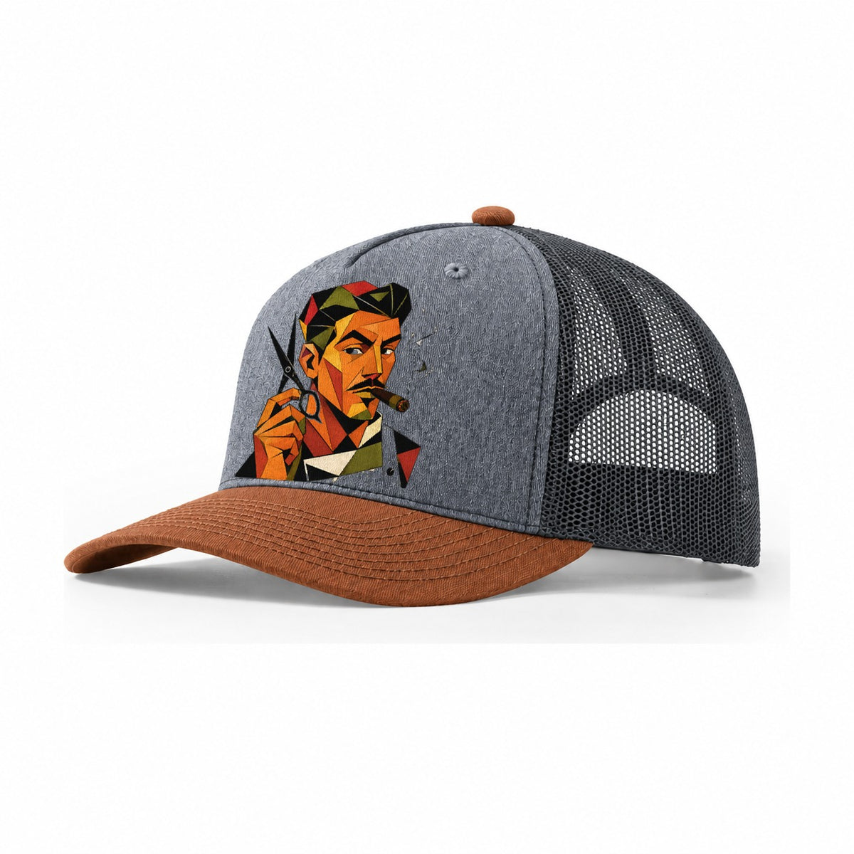 Barber Scissors Portrait Trucker Hat – Heather Grey Rust Charcoal