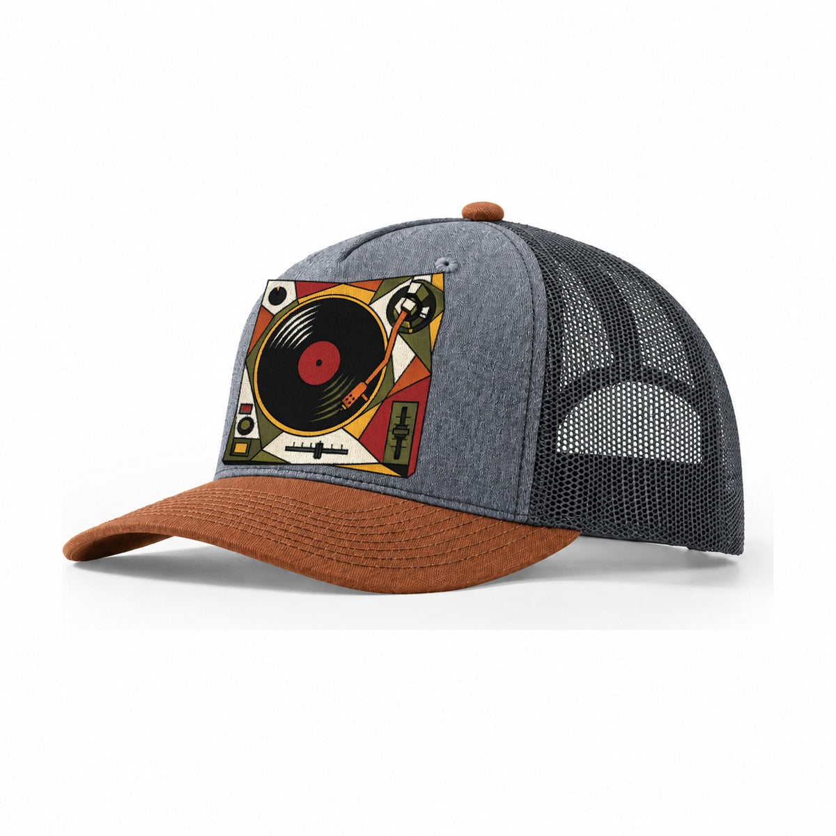 Dj Turntable Above Trucker Hat – Heather Grey Rust Charcoal