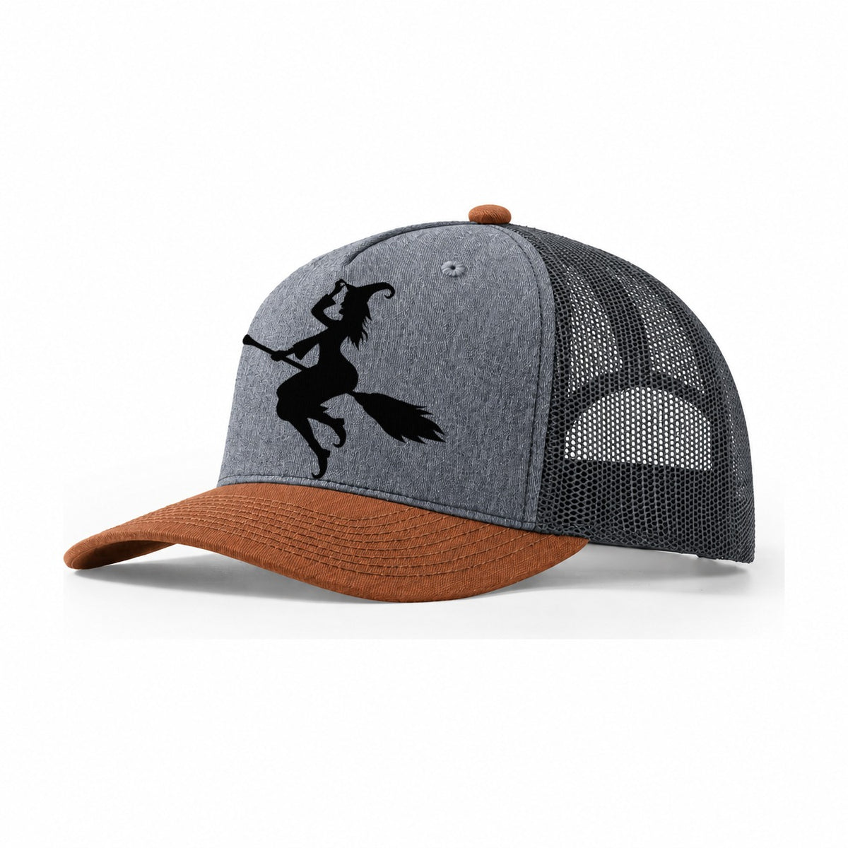 Enchanting Witch On Broom Hat Limited Edition Trucker Hat – Heather Grey Rust Charcoal