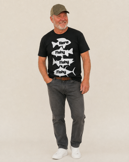 Here Fishy Fishy Fishy Classic T-shirt – studio model photo