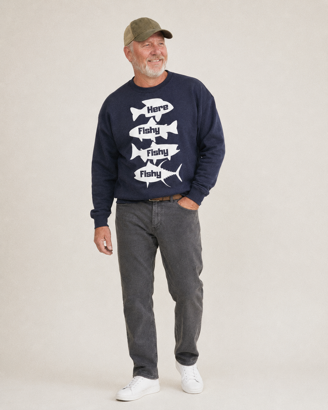 Here Fishy Fishy Fishy Fleece Sweatshirt – studio model photo