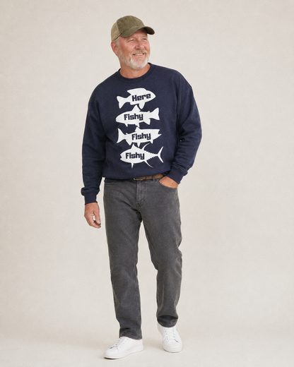 Here Fishy Fishy Fishy Fleece Sweatshirt – studio model photo