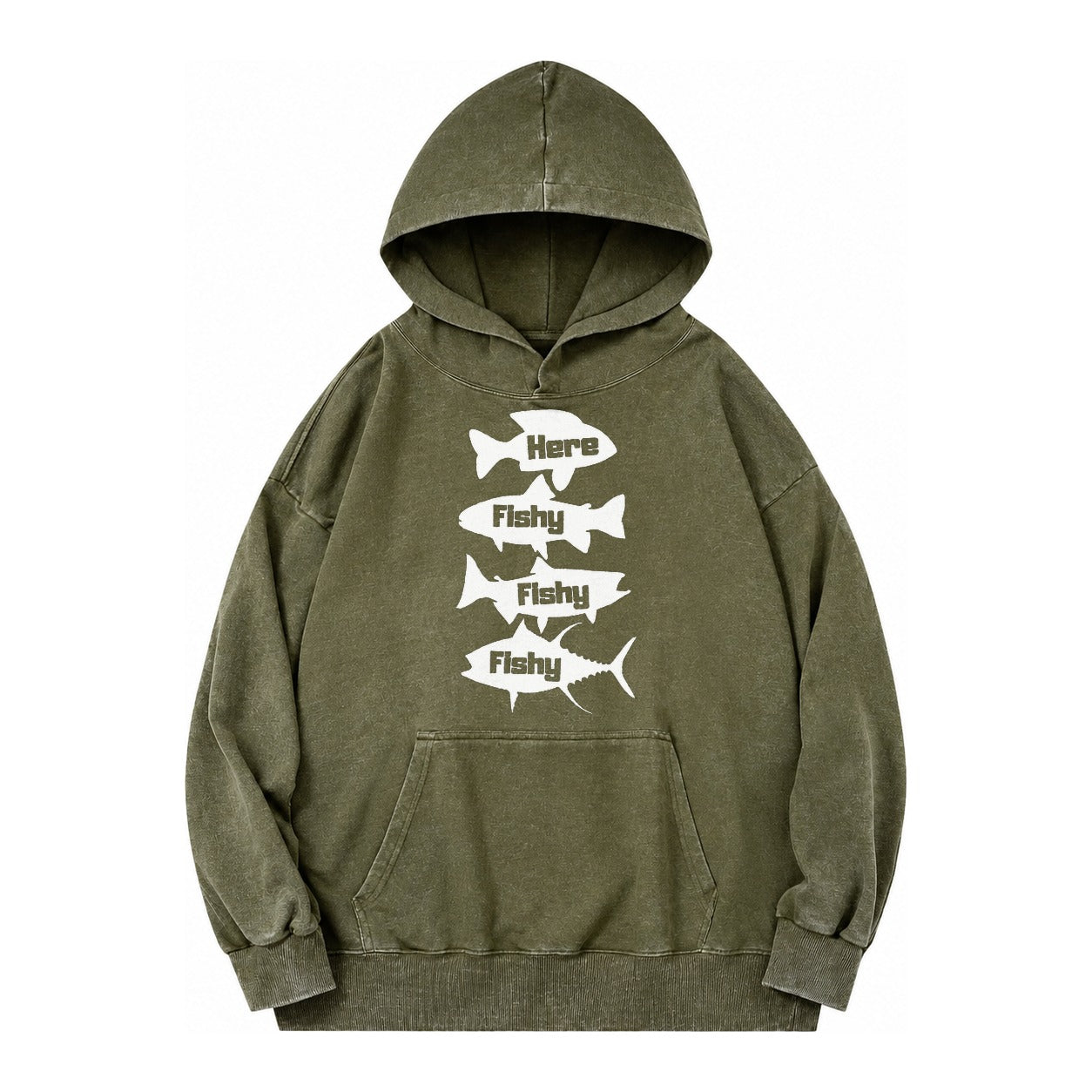 Here Fishy Fishy Fishy Vintage Washed Hoodie – army-green