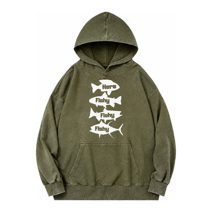 Here Fishy Fishy Fishy Vintage Washed Hoodie – army-green