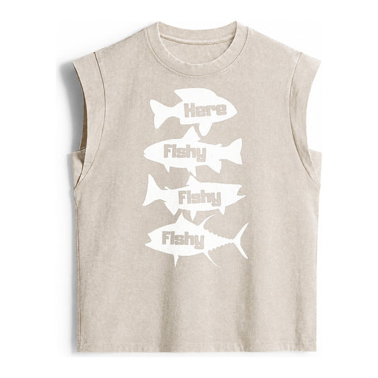 Here Fishy Fishy Fishy Vintage Washed Tank – beige